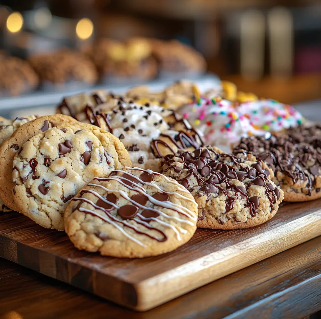 An assortment of Crumbl Cookies featuring chocolate chip, frosted sugar, and drizzle-topped cookies on a wooden platter with a cozy café background.