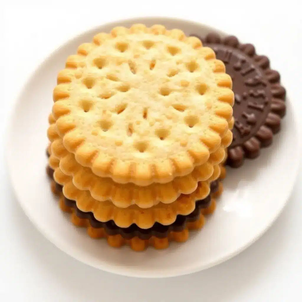 A clean, close-up image of a stack of homemade vanilla and chocolate wafers on a white plate. The wafers are crisp, golden brown for the vanilla ones, and dark and rich for the chocolate ones.