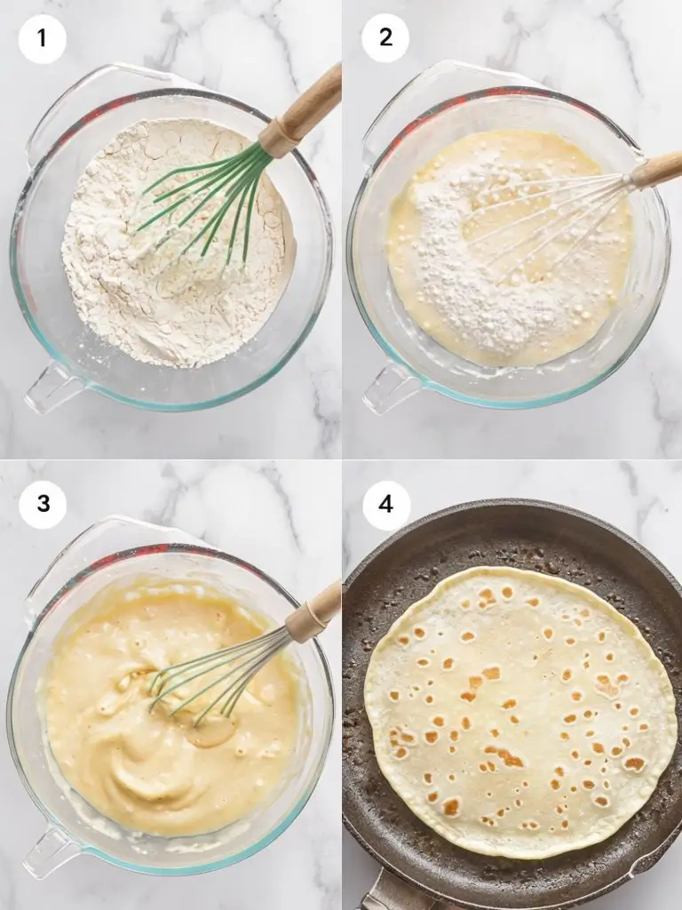 Vegan pancake batter being stirred in a mixing bowl.