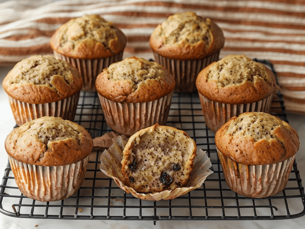 Freshly baked vegan banana muffins cooling in a muffin tin.