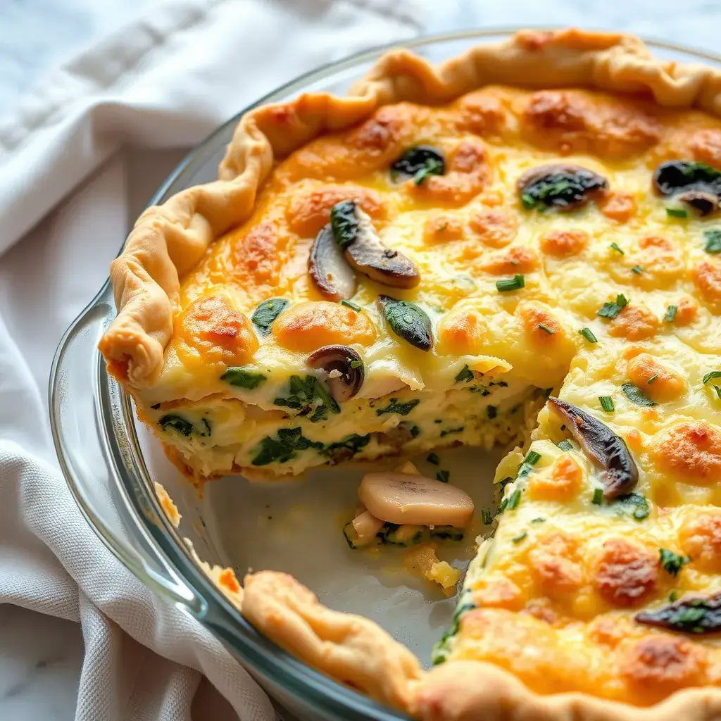 Baked chicken quiche with golden crust and melted cheese, garnished with parsley. Easy Chicken Quiche Recipe