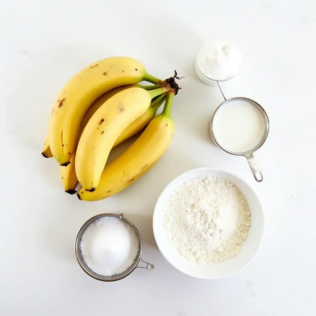 Ingredients for vegan banana muffins, including bananas, plant-based milk, sugar, and flour.