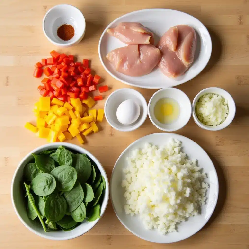 Ingredients for chicken and eggs skillet recipe, including chicken, eggs, and vegetables.