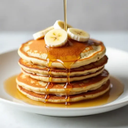 Fluffy vegan pancakes topped with fresh berries and maple syrup