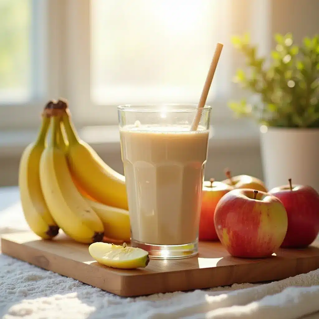 Glass of apple banana smoothie with fresh apples and bananas on a wooden cutting board, perfect for breakfast