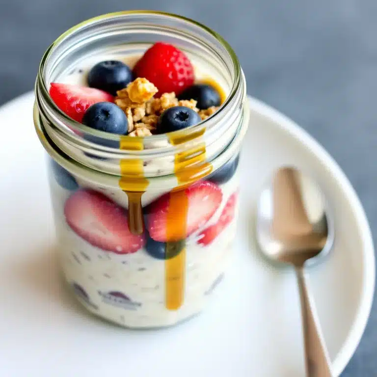 Overnight oats served with fresh berries, granola, and maple syrup in a jar