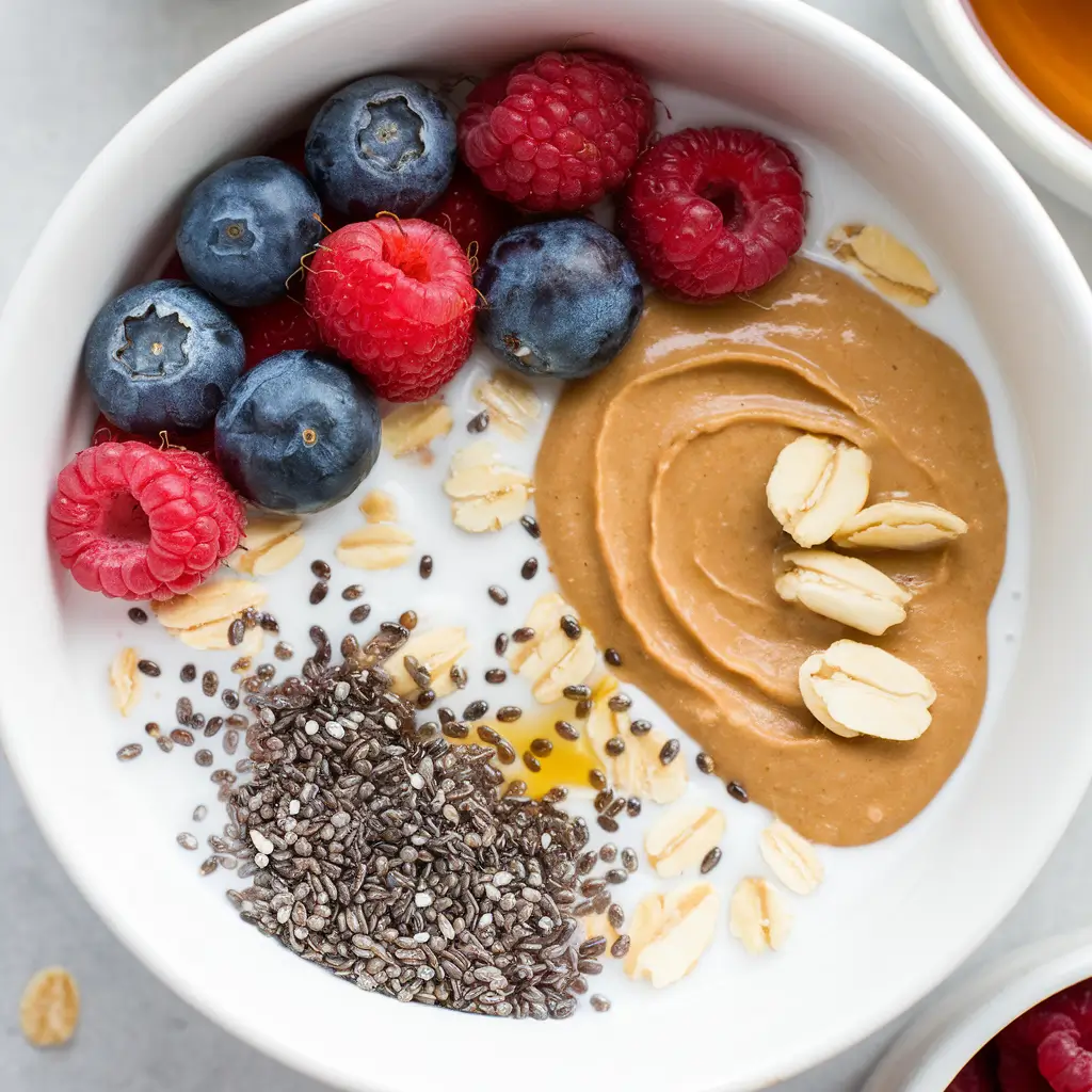 Overnight oats with peanut butter, chia seeds, and banana slices in a jar.