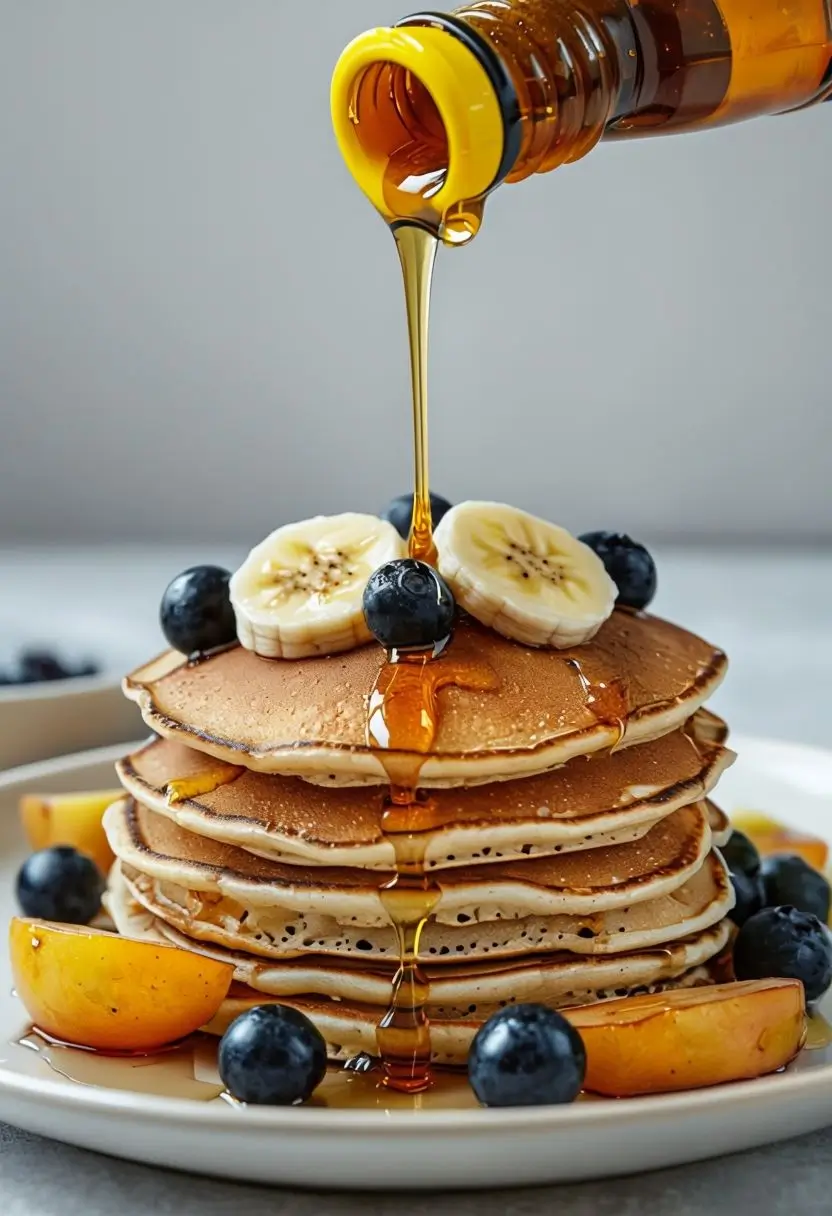  A close-up of the finished pancakes served on a plate with suggested toppings such as fresh fruit, vegan butter, and a drizzle of syrup