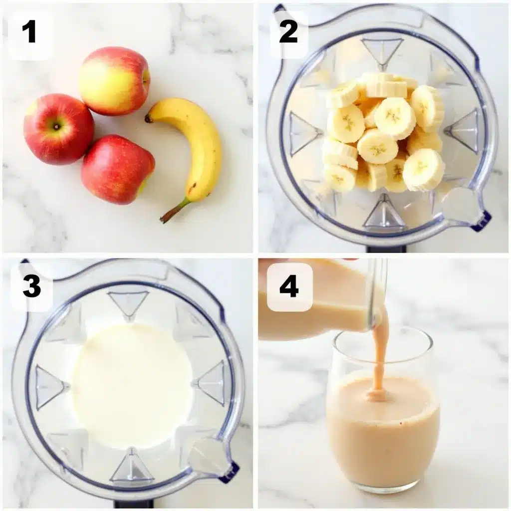 Step-by-step process of making an apple banana smoothie, from chopping apples to blending ingredients.