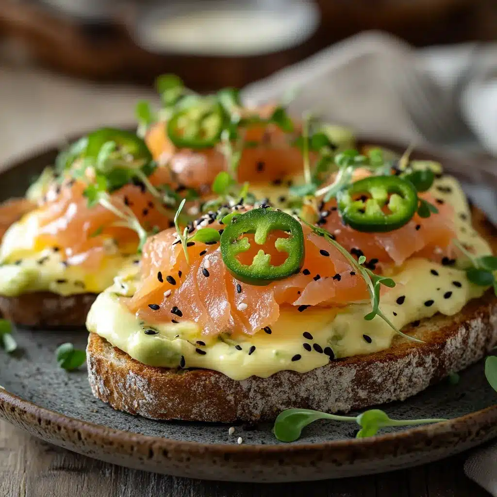 Smoked salmon eggs benedict variation served on avocado toast with jalapeño slices and microgreens