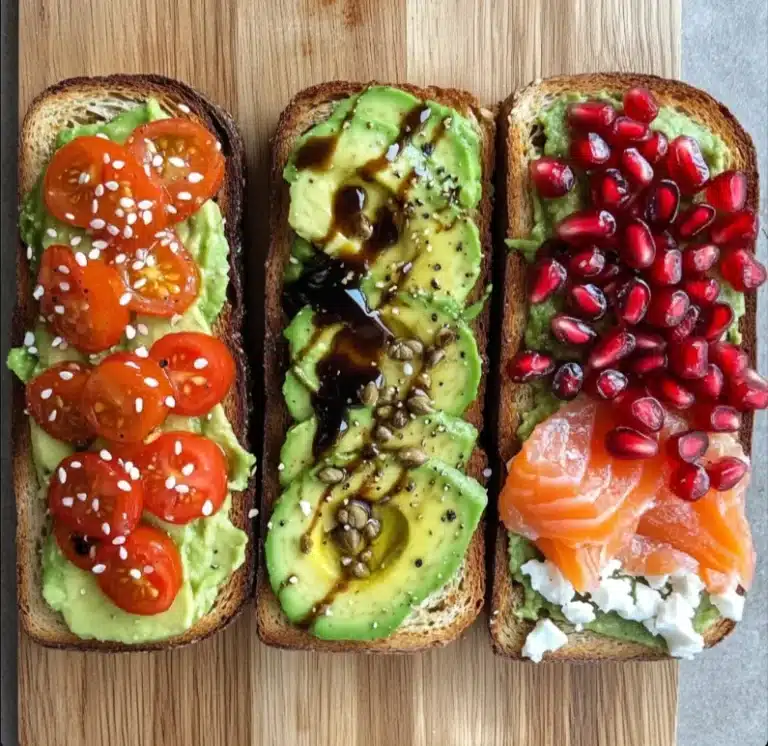 Three avocado toast variations with tomatoes, smoked salmon, and pomegranate seeds on a wooden cutting board