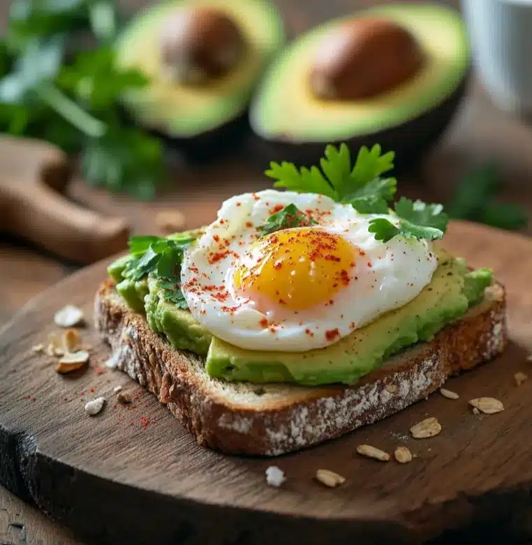 Fresh avocado toast with poached egg and chili flakes on a wooden table