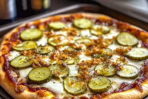 Pickle pie pizza served on a baking sheet with ranch dipping sauce and pickle spears on the side.