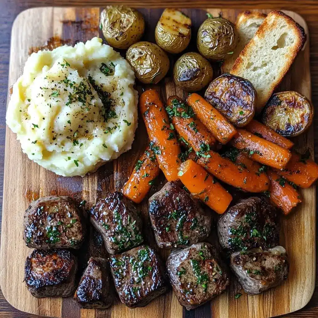 Garlic butter steak bites served with mashed potatoes, roasted vegetables, and garlic bread on a wooden dining table setting.