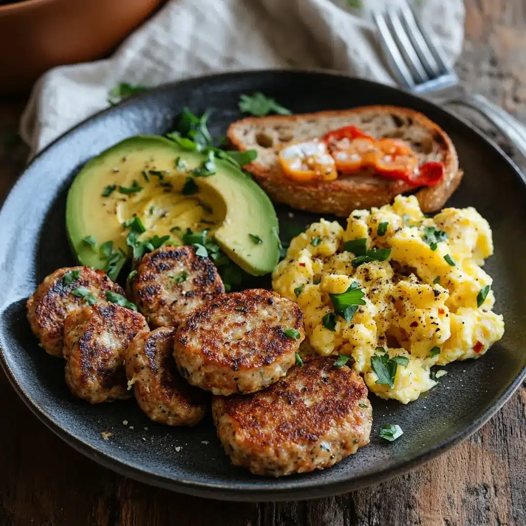 Rustic kitchen setup with fresh ingredients for homemade breakfast chicken sausage, including ground chicken, herbs, and spices.