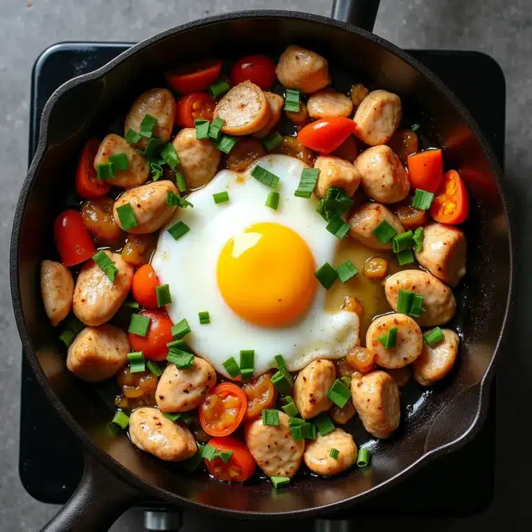 Chicken and eggs breakfast skillet with vegetables served in a cast iron pan.