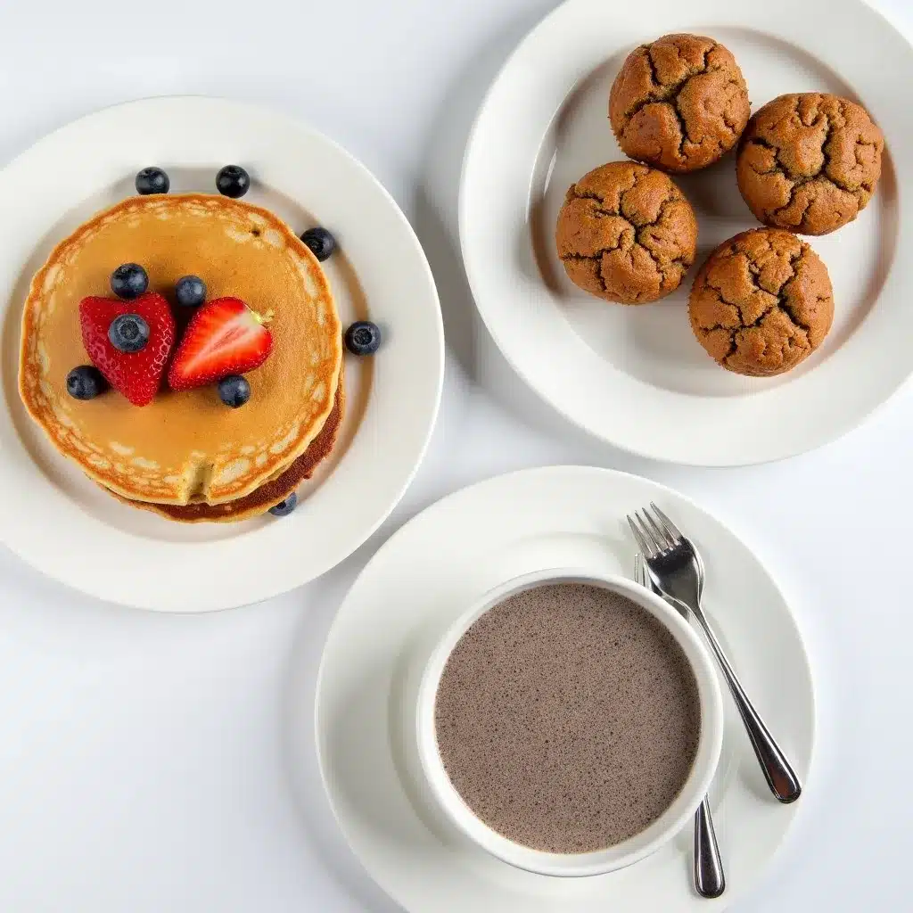 A clean overhead shot showing three vegan breakfast options: pancakes, muffins, and a chia pudding bowl, each on its own plate