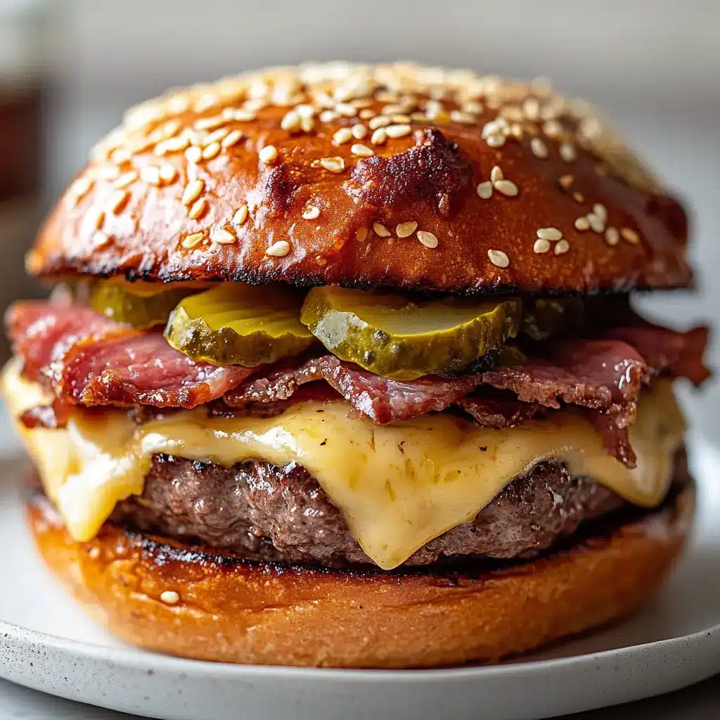 Close-up of a pastrami burger with juicy beef patty, smoky pastrami, melted Swiss cheese, mustard, and pickles on a sesame seed bun.