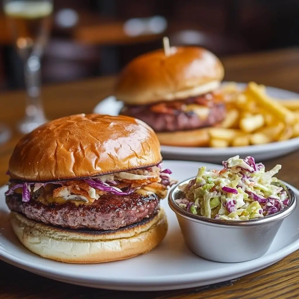 Two pastrami burgers served on white plates with small portions of coleslaw and fries.