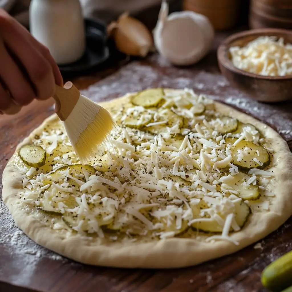 Preparing pickle pie pizza with garlic butter, dill pickles, mozzarella cheese, and ranch sauce in a home kitchen.