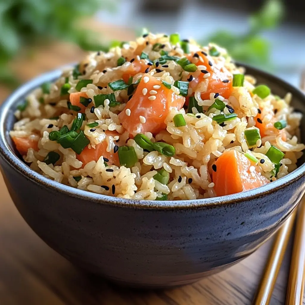 A bowl of salmon fried rice garnished with sesame seeds and green onions, served on a wooden table.