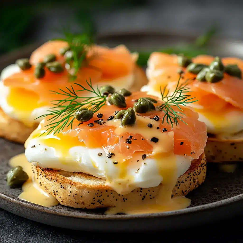 Smoked salmon eggs benedict with poached eggs and hollandaise sauce on English muffins.