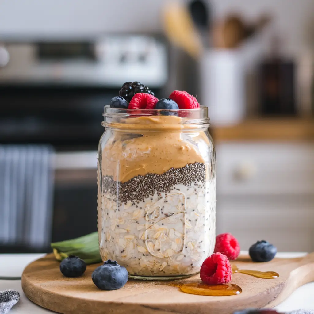 Overnight oats served with fresh berries, granola, and maple syrup in a jar.