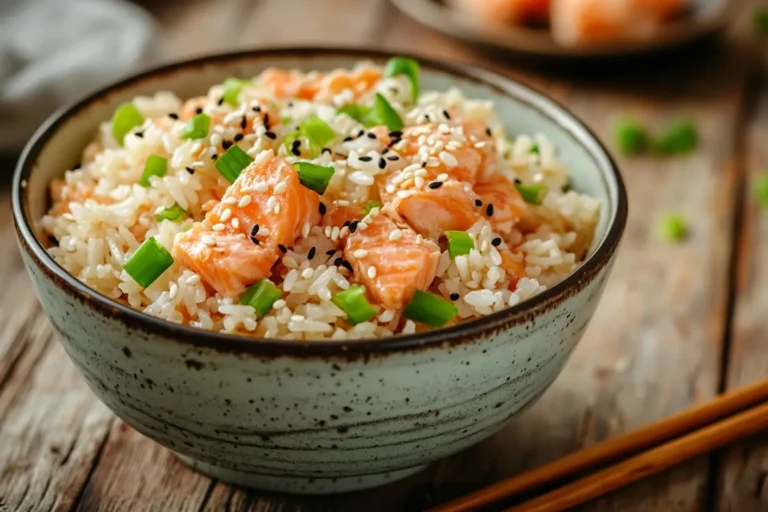 A bowl of salmon fried rice garnished with sesame seeds and green onions, served on a wooden table.