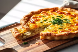 Baked chicken quiche with golden crust and melted cheese, garnished with parsley