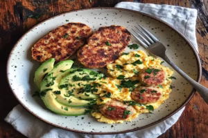 Rustic kitchen setup with fresh ingredients for homemade breakfast chicken sausage, including ground chicken, herbs, and spices.