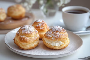 Perfectly plated Cream Puffs with coffee